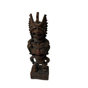 Tiki Lacrosse Polystone Tiki  Hand Carved Child On Head Of‎ Father Brown 6"